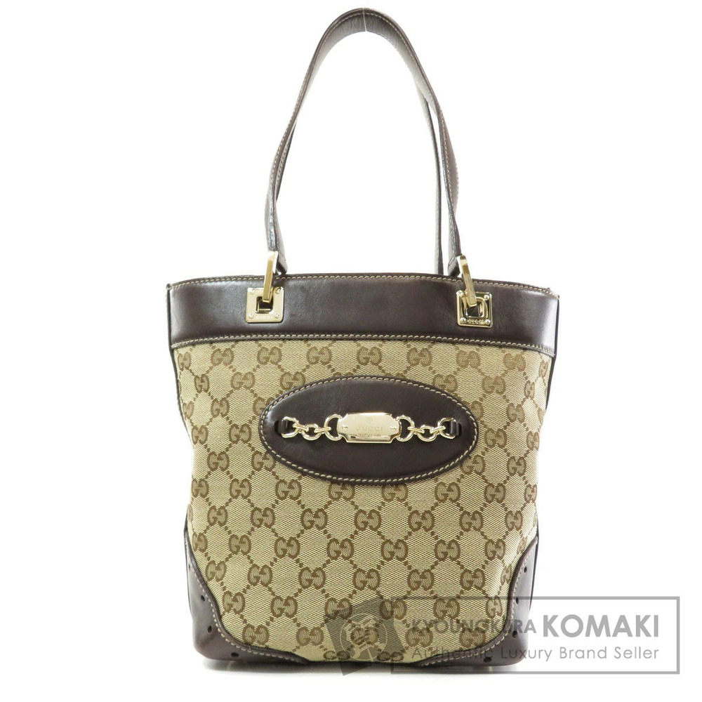 Gucci GG Canvas Punch Tote Bag chocolate brown leather